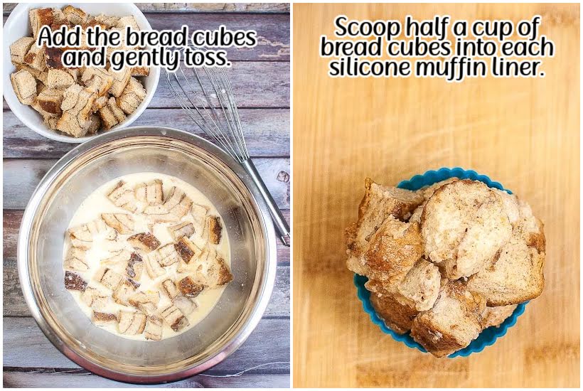 Two image collage of soaking the bread cubes and adding them to muffin cups.