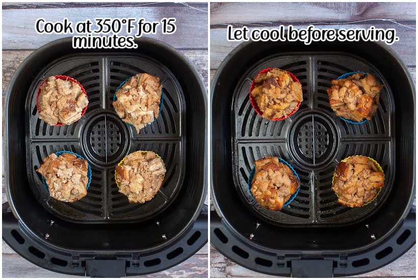 Two image collage of French toast cups in the air fryer basket before and after cooking.