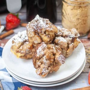 four air fried french toast muffin cups on a plate.