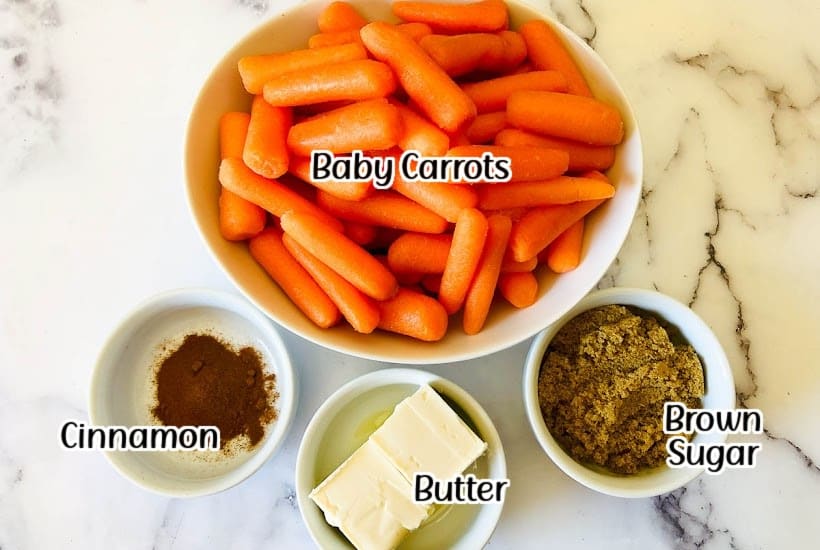 Ingredients needed to make air fryer glazed carrots recipe with text overlay.