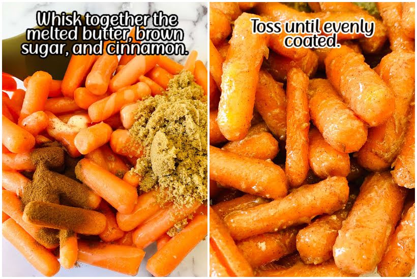 Side by side images of brown sugar and cinnamon seasonings on baby carrots and the roasted carrots tossed in glaze with text overlay.
