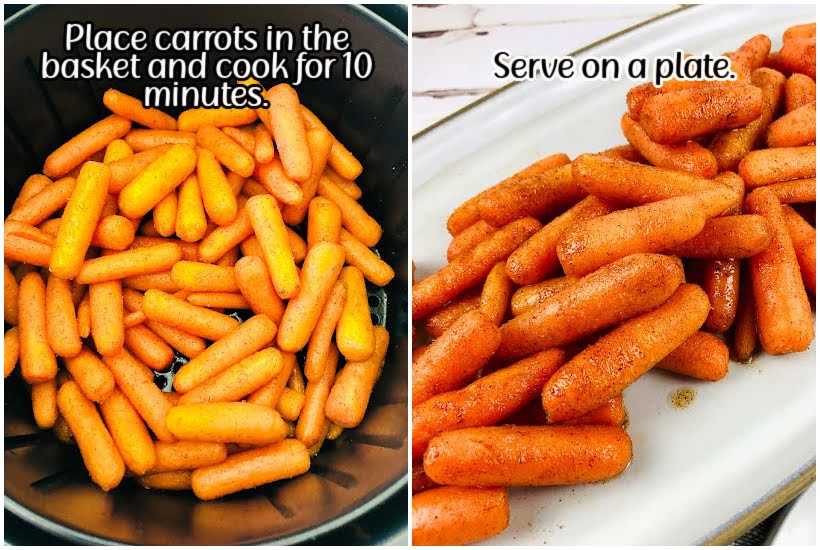 Two images of baby carrots in the air fryer basket and the cooked roasted carrots on a white platter with text overlay.