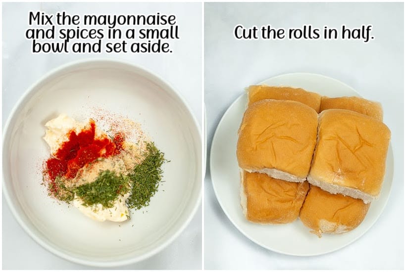 Two photo collage of spices in a bowl with mayonnaise for the aioli sauce and the cut Hawaiian rolls on a plate with text overlay.