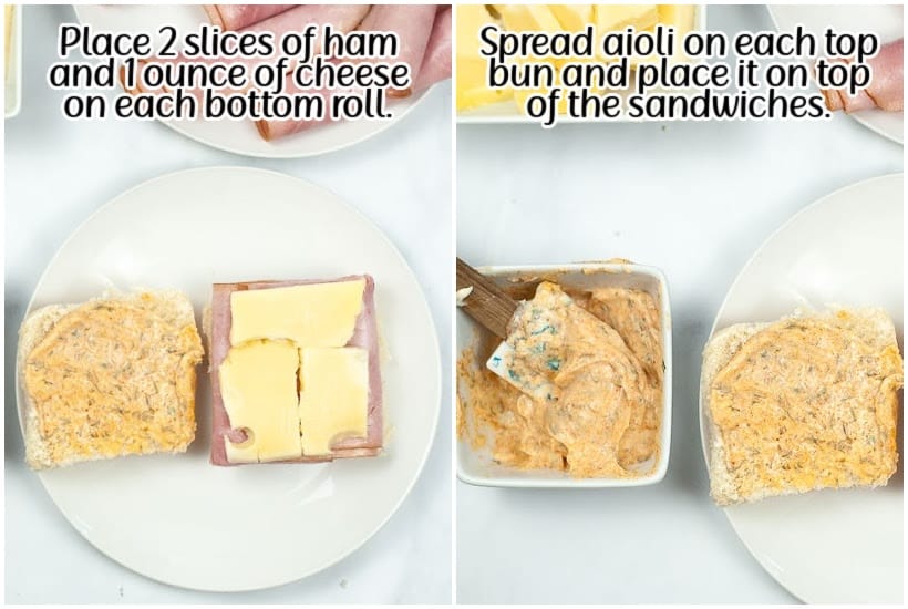 Two photo collage of adding the ham and cheese to the slider rolls, then spreading the sauce on the top bun with text overlay.