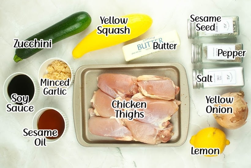 Ingredients needed to make hibachi chicken in the air fryer with text labels.