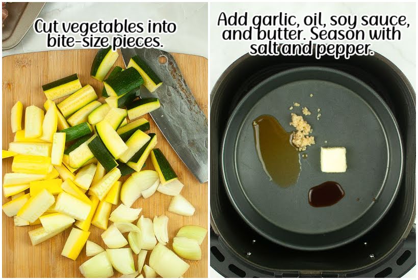 Two photo collage of chopping the vegetables and adding the sesame oil, soy sauce, butter, salt and pepper to a pie plate with text overlay.