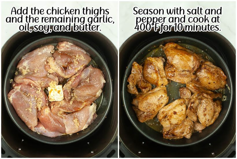 Two photo collage of before and after cooking the chicken thighs in the air fryer with text overlay.
