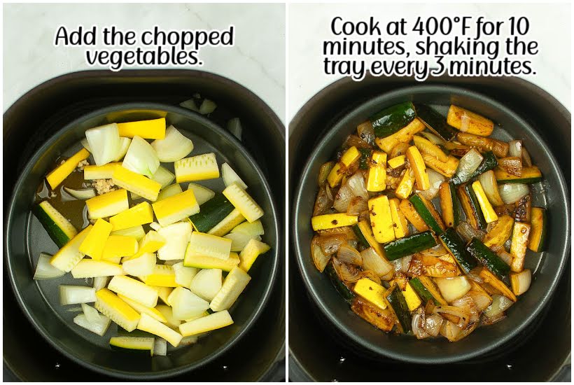 Two photo collage of before and after cooking the vegetables in the air fryer basket with text overlay.