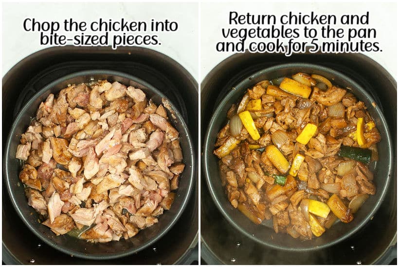 Two photo collage of the chopped chicken hibachi and vegetables mixed together in the air fryer pan before serving with text overlay.