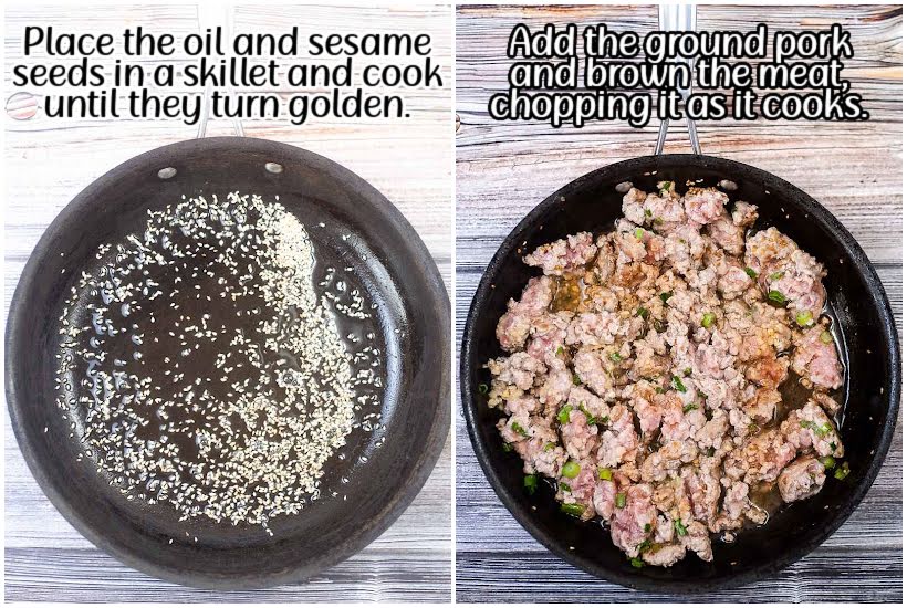 Two photo collage of toasting sesame seeds and adding ground pork to the skillet with text overlay.