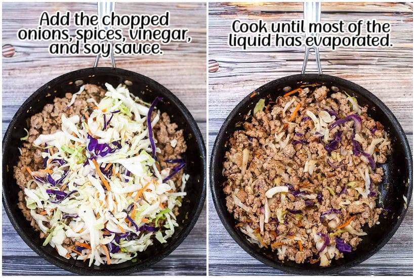 Two photo collage of adding chopped cabbage and seasonings to the ground pork and the mixture after being cooked with text overlay.