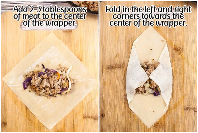 Two photo collage of egg roll wrapper with meat mixture and the wrapper being folded over with text overlay.