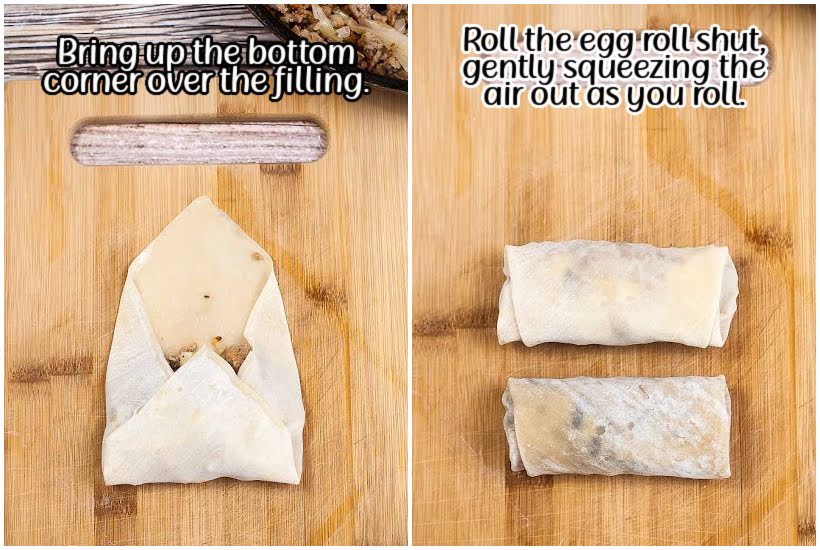 Two image collage of bringing up the wrapper bottom over the filling and two egg rolls rolled shut with text overlay.