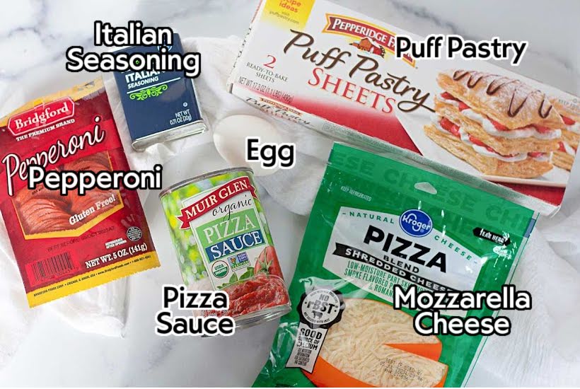 Ingredients needed to make homemade Puff Pastry Pizza Pockets.