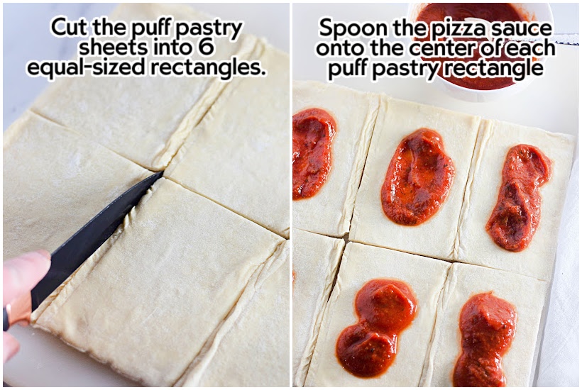 Side by side images of puff pastry sheets being cut and placing sauce on individual pieces of dough with text overlay.