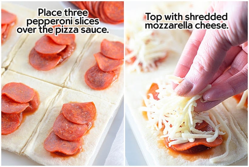Two images of pepperoni placed on pizza sauce and cheese added to the pepperoni with text overlay.
