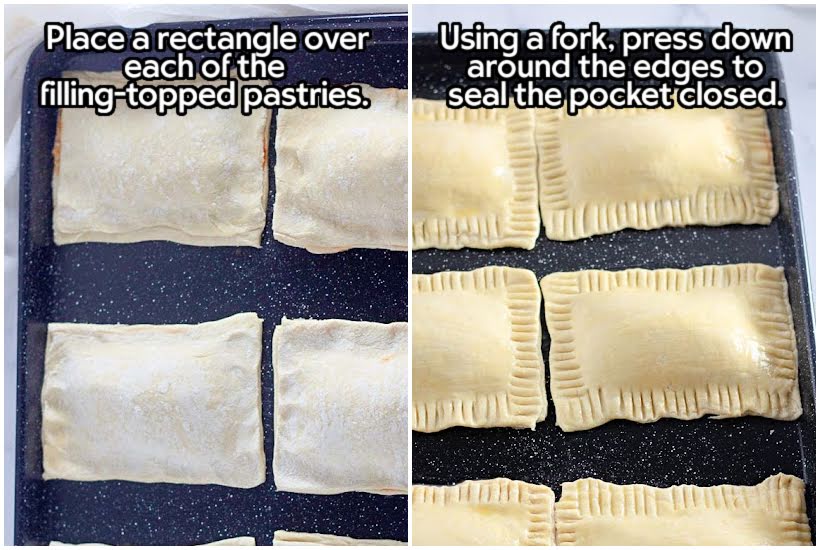 Two images of uncooked pizza pockets on a tray before being baked and after sealing the dough with fork marks with text overlay.