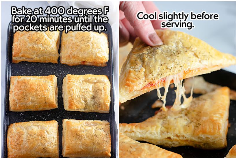 Two images of baked Puff Pastry Pizza Pockets on a sheet pan and a triangle-shaped piece being raised with text overlay.
