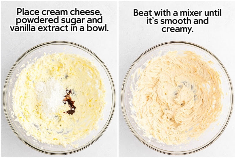 Side by side images of cream cheese, powdered sugar and vanilla in a mixing bowl and cream cheese mixture after being mixed with text overlay.