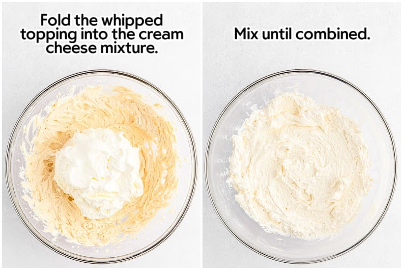 Two images of whipped topping added to cream cheese mixture and whipped topping mixed into cream cheese mixture with text overlay.