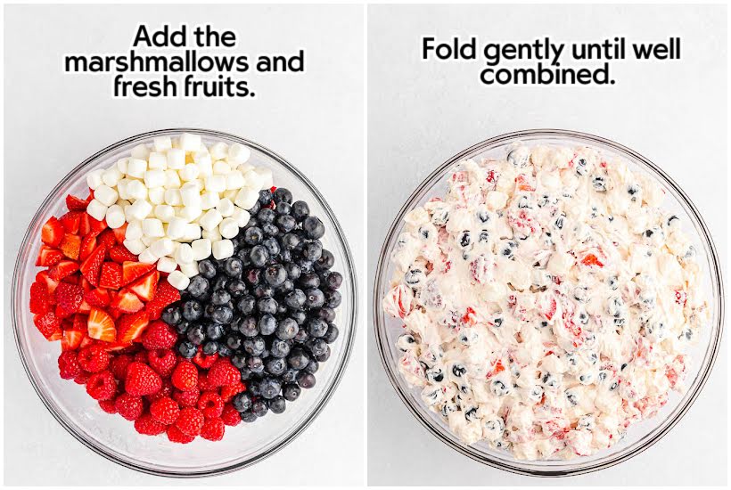 Two images of marshmallows and berries in a bowl and fruit mixed with cream cheese mixture with text overlay.