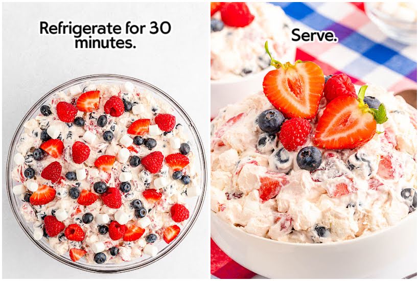 Side by side images of mixed berry fluff salad after being refrigerated and Red White and Blue Cheesecake Salad in a bowl topped with fresh berries with text overlay.