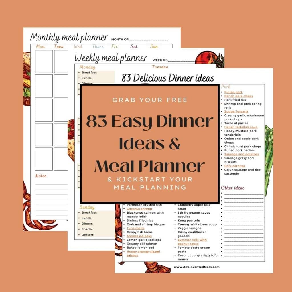 Graphic of dinner ideas and meal planner printable.