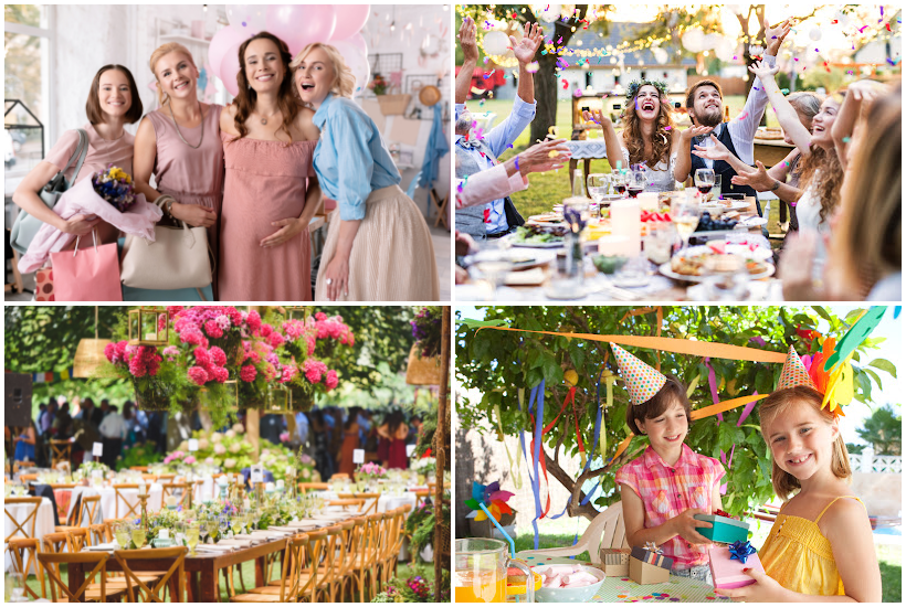 Four photo collage of different party settings.