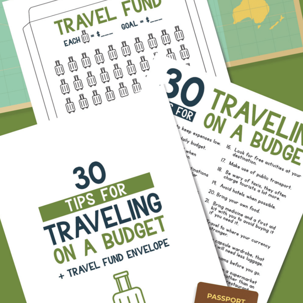 Graphic for traveling on a budget printable.