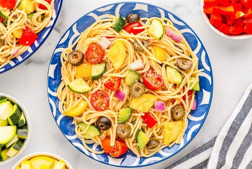 Overhead view of a bowl filled with California Pasta Salad.