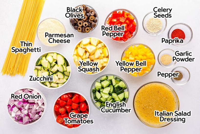 Ingredients needed to make California Spaghetti Salad with text overlay labels.