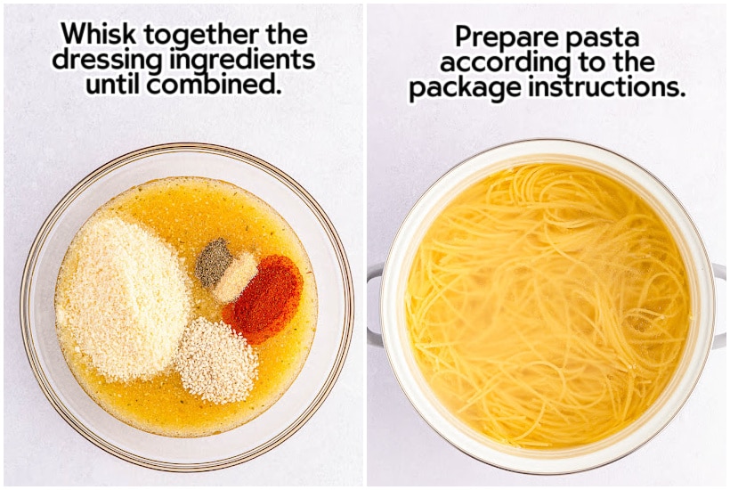 Side by side images of dressing ingredients in a mixing bowl and pasta in a pot of water with text overlay.