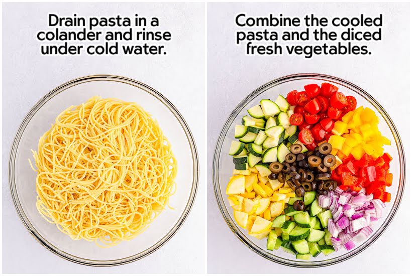 Two images of pasta in a serving bowl and veggies added to the top of the pasta with text overlay.