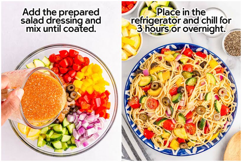 Side by side images of dressing being added to the pasta salad ingredients and the mixed Salad in a bowl with text overlay.