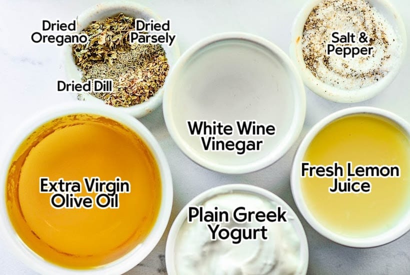 Ingredients needed to make Greek yogurt dressing with text overlay.