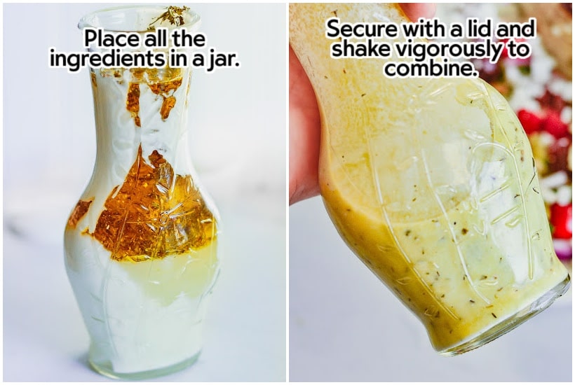 Two image collage of salad dressing ingredients added to a clear jar and after being shaken with text overlay.