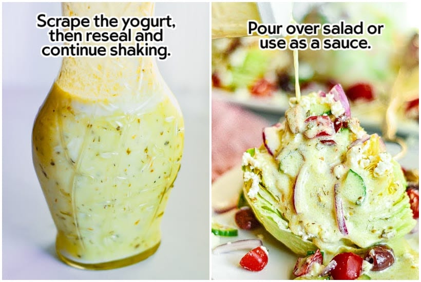 Side by side images of creamy dressing in a glass jar and dressing being poured over a wedge salad with text overlay.