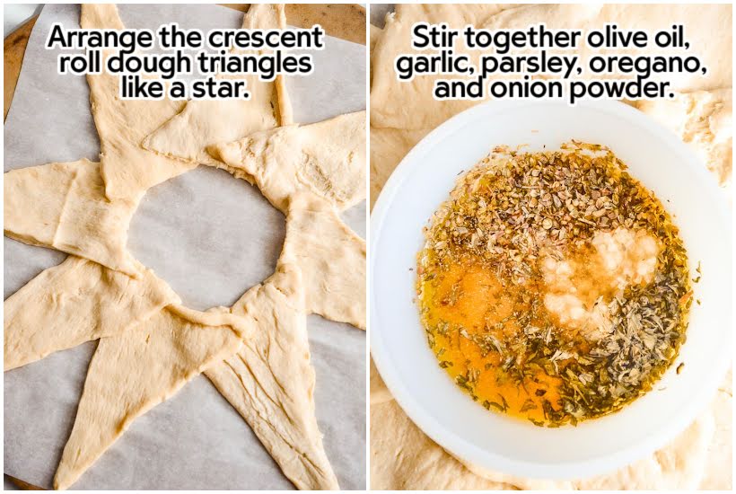 Two images of crescent roll dough made into a star shape and seasonings in a bowl with text overlay.