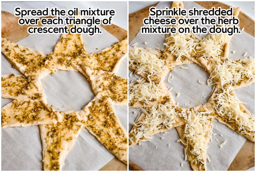 Two images of herbed oil spread on crescent dough and cheese spread on top with text overlay.
