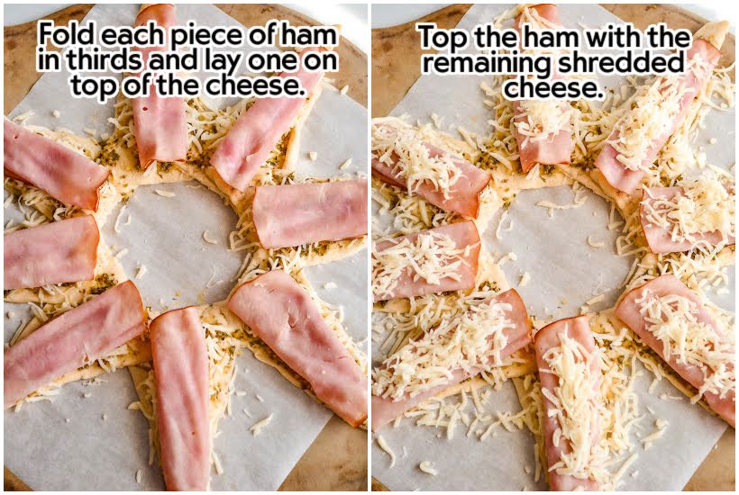Two images of crescent ring ham and cheese, one with ham added and one with cheese added to the ham with text overlay.