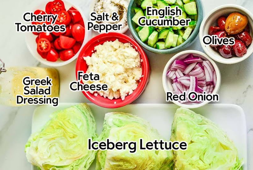 Ingredients needed to make Mediterranean Wedge Salad with text overlay.