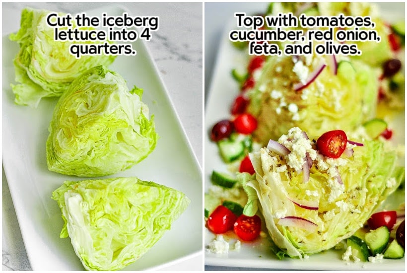 Side by side images of lettuce wedges and assembled salads on a white platter with text overlay.