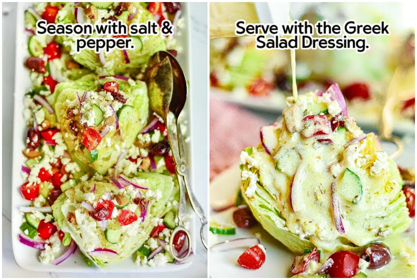 Assembled wedge salads on a white serving tray and drizzling Greek yogurt dressing over a wedge with text overlay.