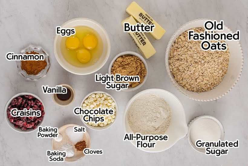 Ingredients needed to make Oatmeal Craisin Cookies with text overlay.