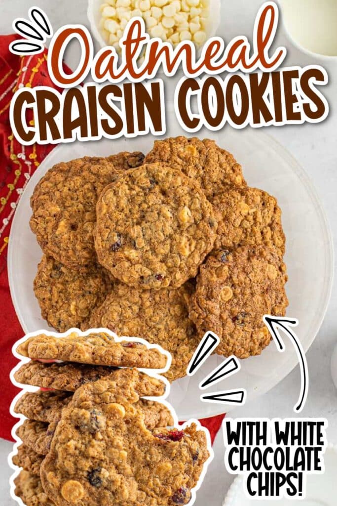 Two images of stacked cookies, one with a bite missing and a white plate filled with Oatmeal Craisin Cookies with text overlay.