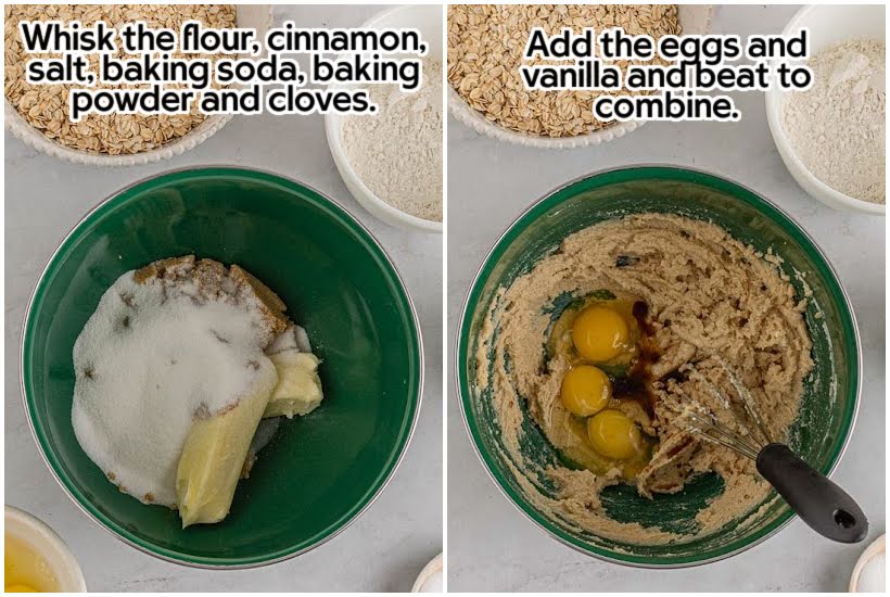 Two image collage of a mixing bowl with flour and spices and eggs added to the mixture with text overlay.