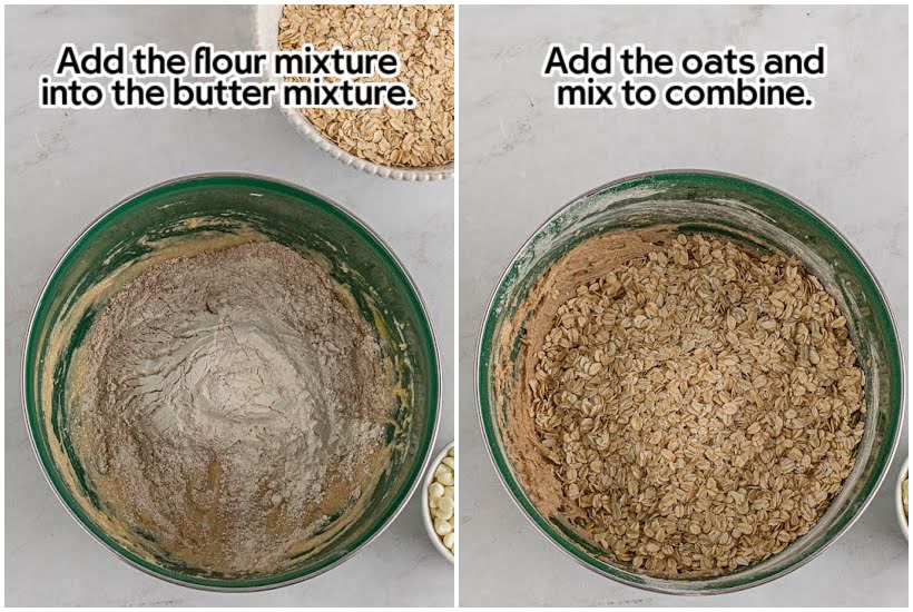 Two image collage of flour added to the butter mixture and oats added to mixture with text overlay.