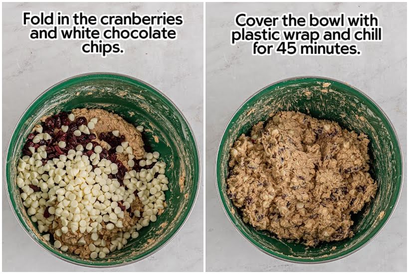 Side by side images of cranberries and white chocolate chips added to batter and batter after being mixed together with text overlay.