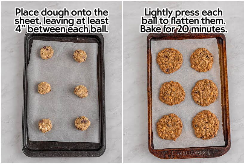 Two image collage of oatmeal cranberry cookie dough balls on a cookie sheet and a tray of baked cookies.