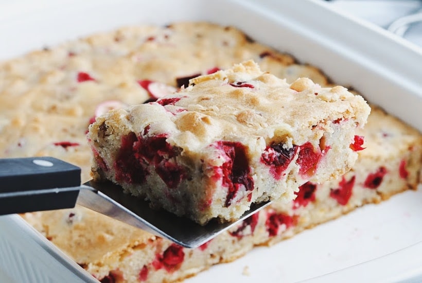 Closeup view of a slice of Cranberry Cake on a cake server with full cake in the background.